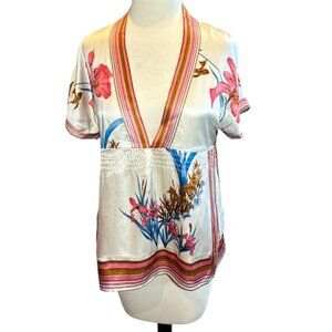 Yumi Kim Silk Floral Short Sleeve V-Neck Blouse